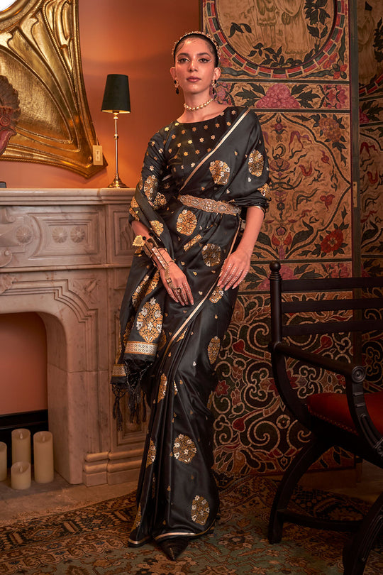 Agra Black Pure Satin Copper Zari Weaving Ready to Wear Saree