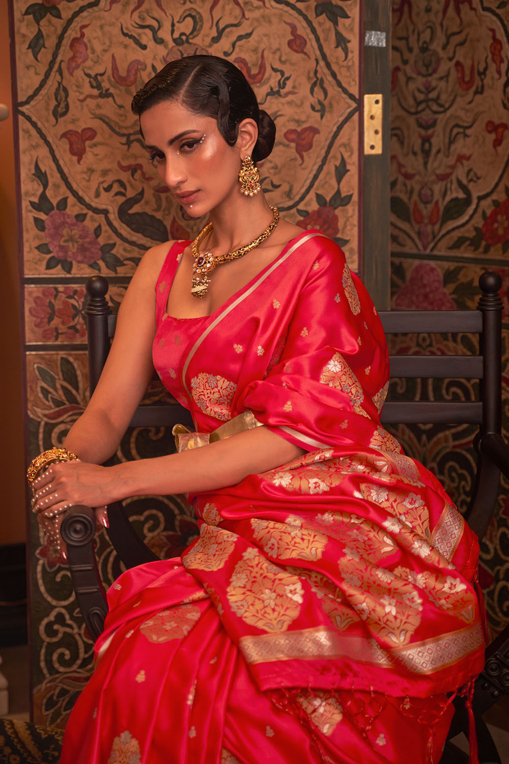 Agra Rani Pink Pure Satin Copper Zari Weaving Ready to Wear Saree