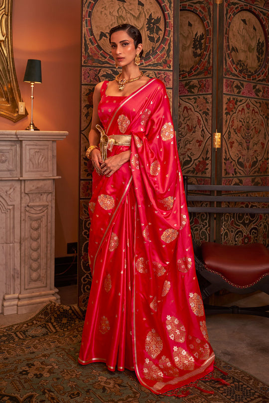 Agra Rani Pink Pure Satin Copper Zari Weaving Ready to Wear Saree