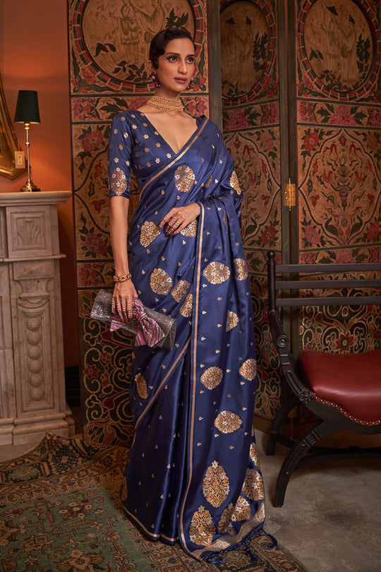 Agra Royal Blue Pure Satin Copper Zari Weaving Ready to Wear Saree