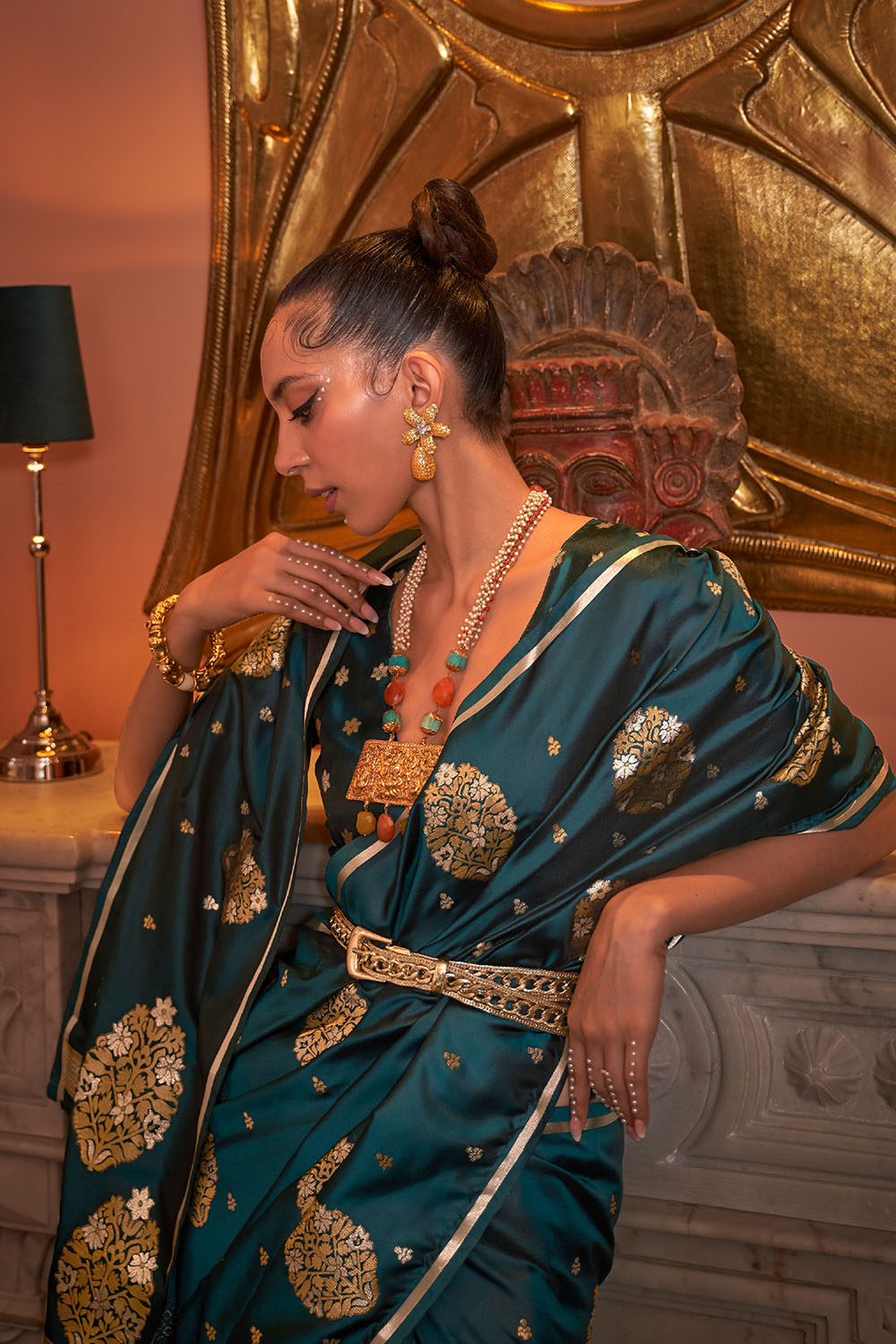 Agra Emerald Green Pure Satin Copper Zari Weaving Ready to Wear Saree