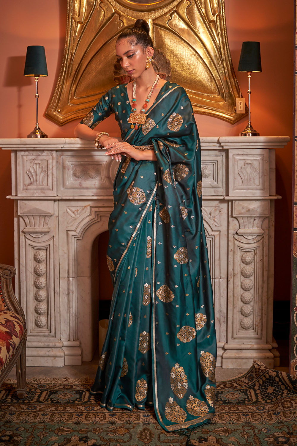 Agra Emerald Green Pure Satin Copper Zari Weaving Ready to Wear Saree