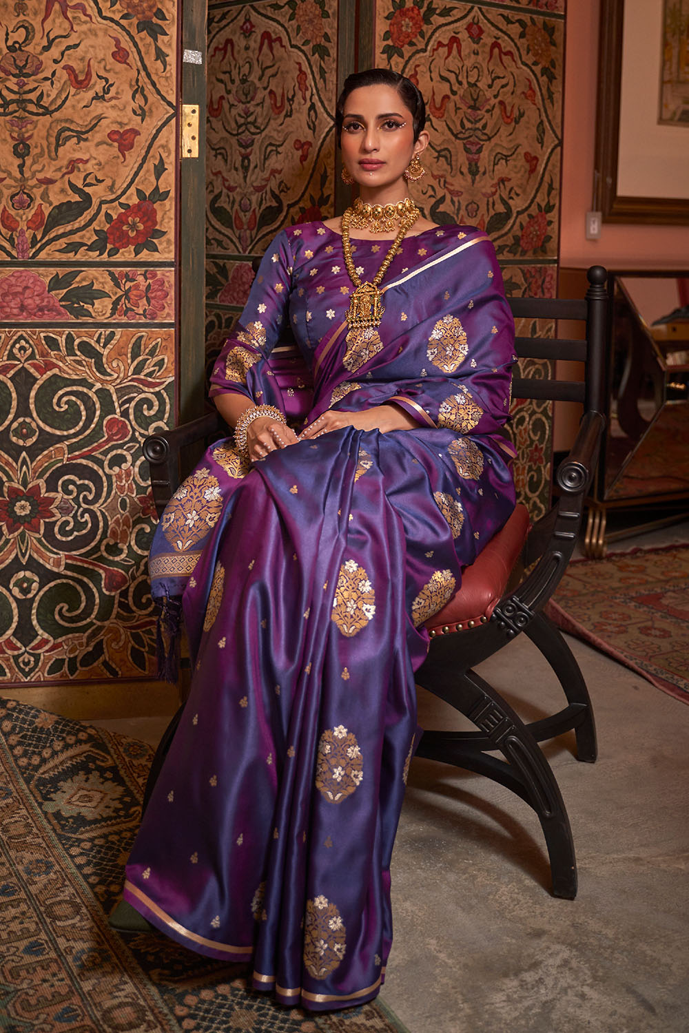 Agra Royal Purple Pure Satin Copper Zari Weaving Ready to Wear Saree