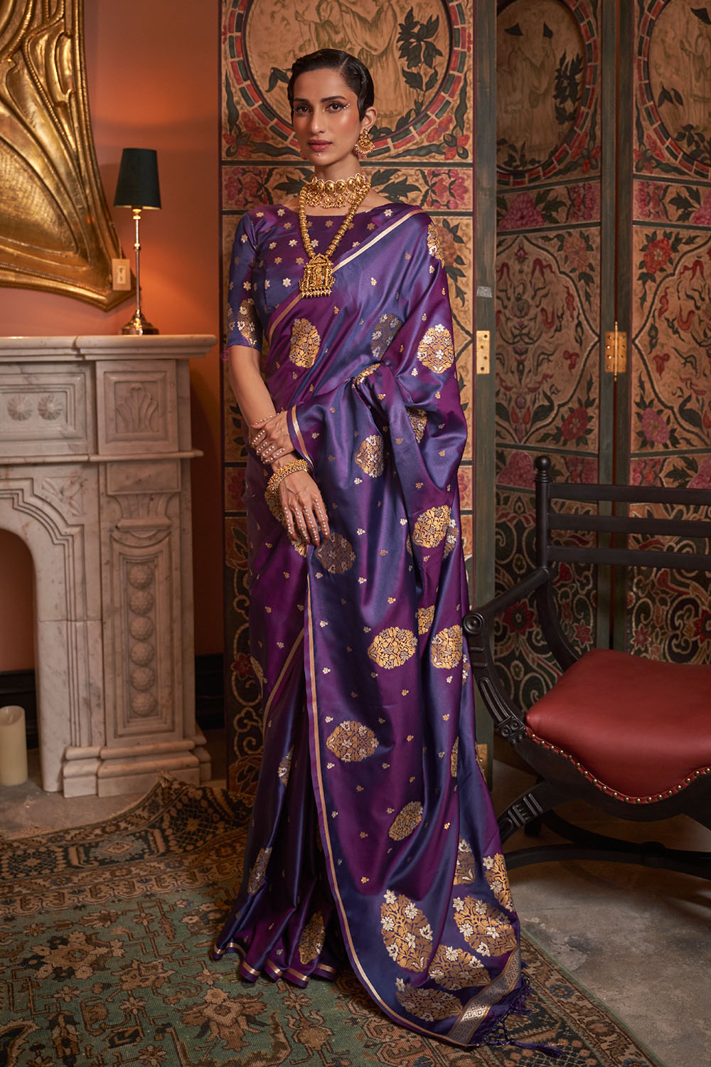 Agra Royal Purple Pure Satin Copper Zari Weaving Ready to Wear Saree