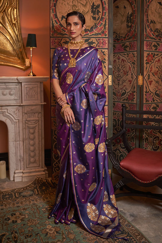 Agra Royal Purple Pure Satin Copper Zari Weaving Ready to Wear Saree