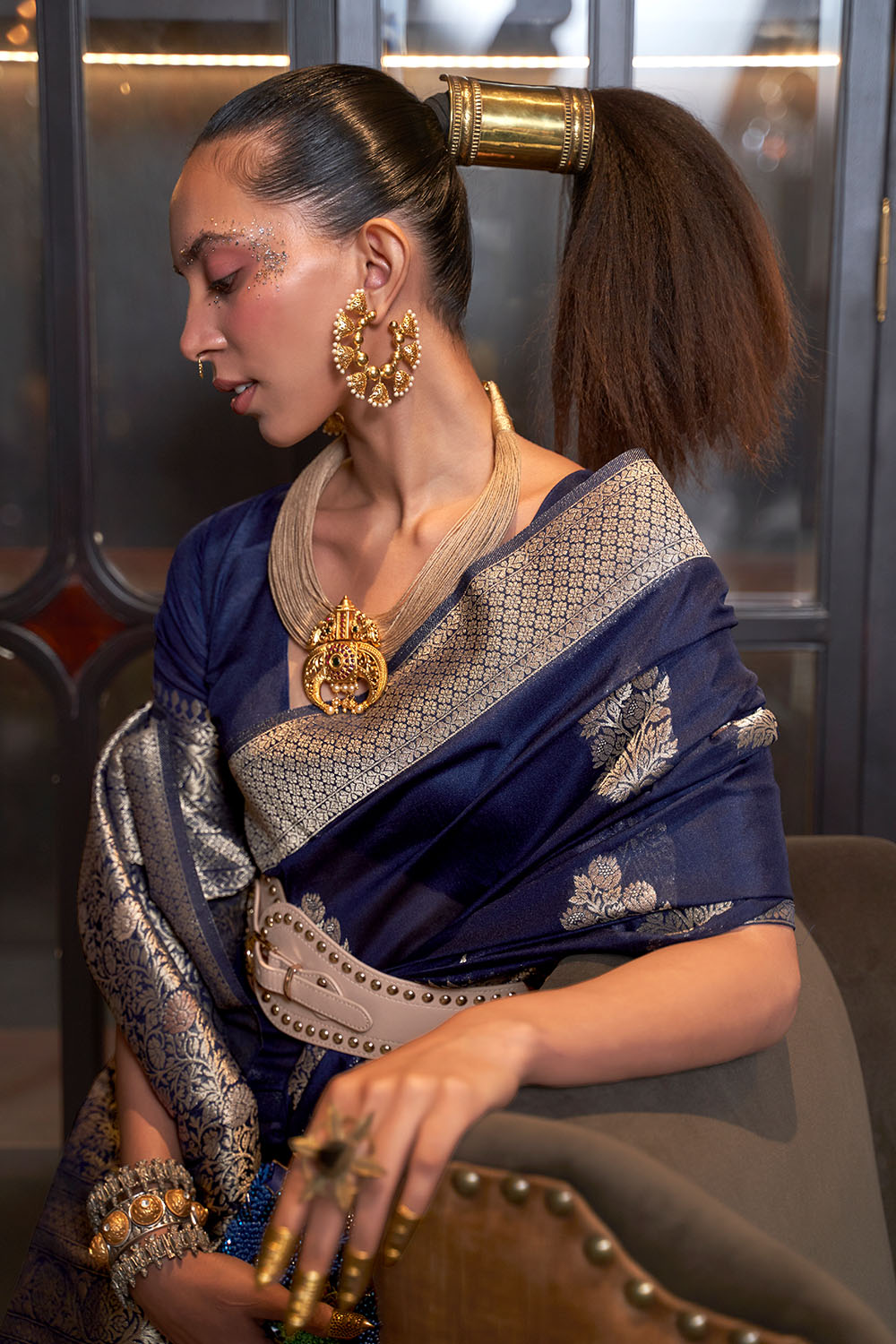 Hibana Navy Blue Georgette Woven Ready to Wear One Minute Saree®