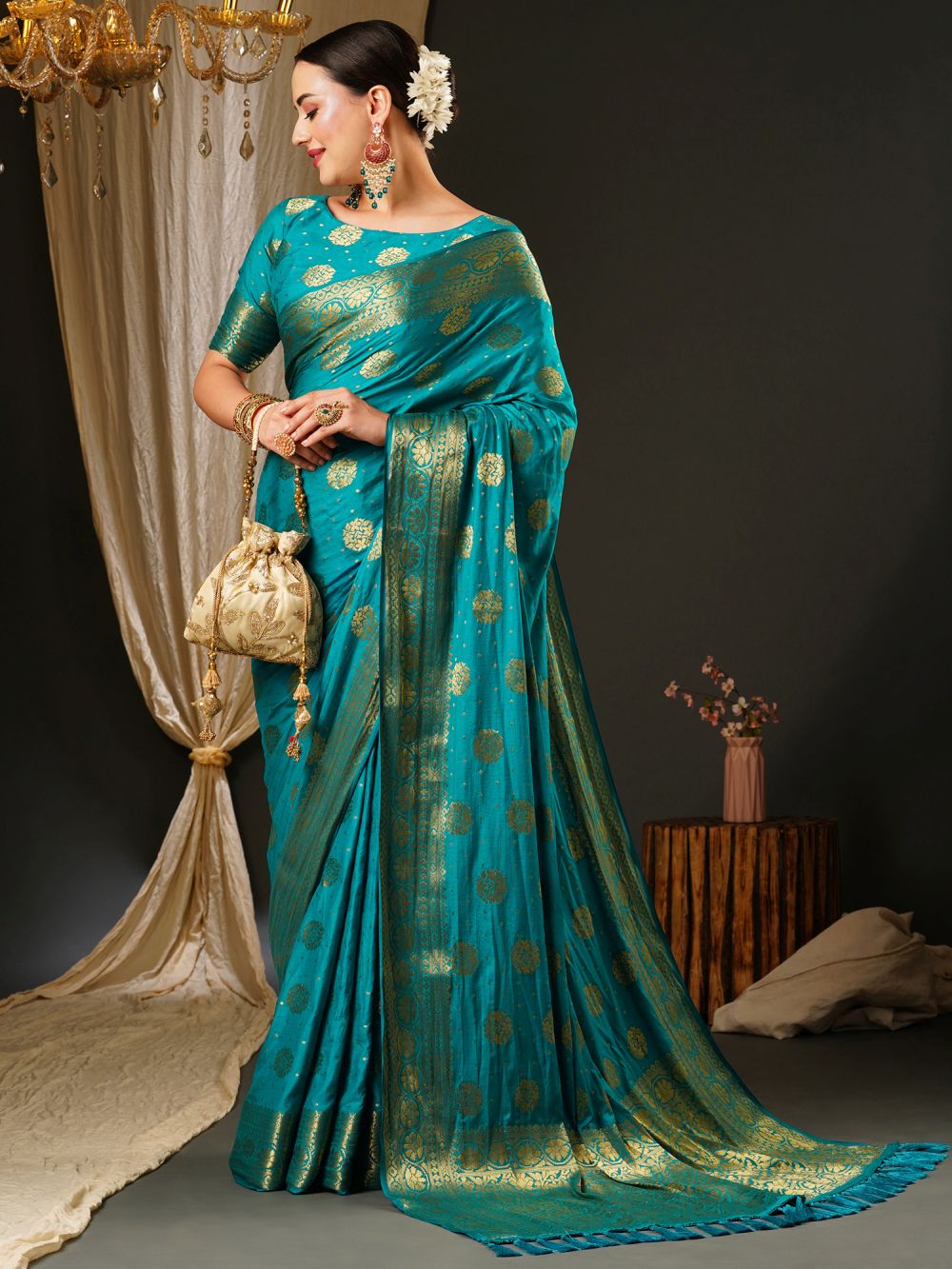 Sheila Blue Silk Blend Banarasi Saree