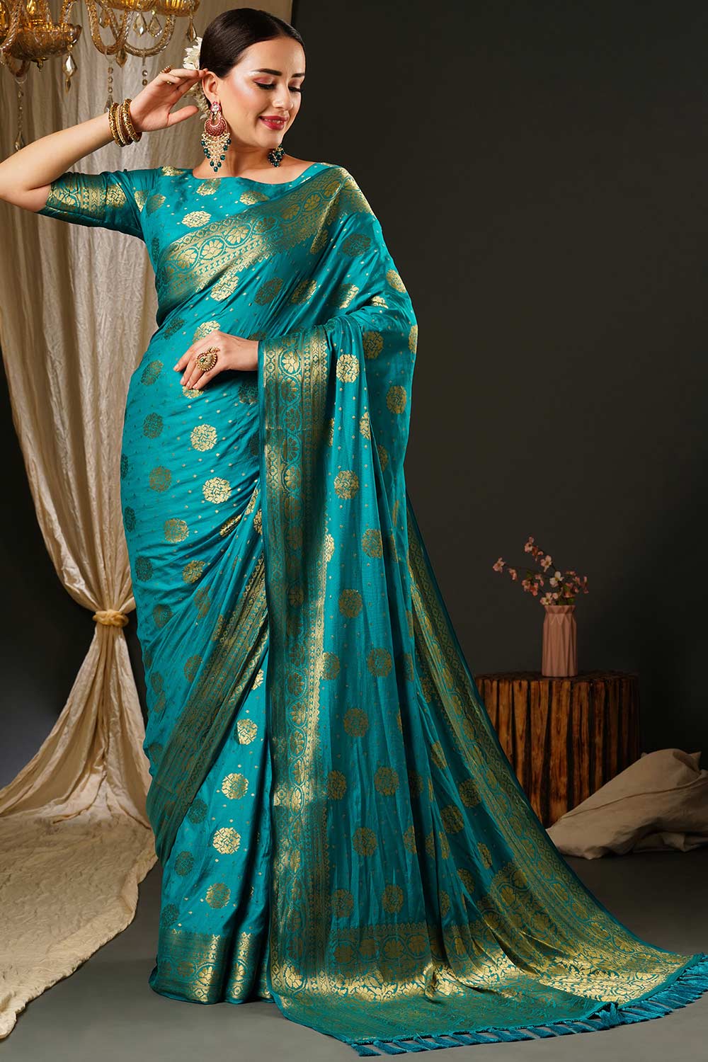 Sheila Blue Silk Blend Banarasi Saree