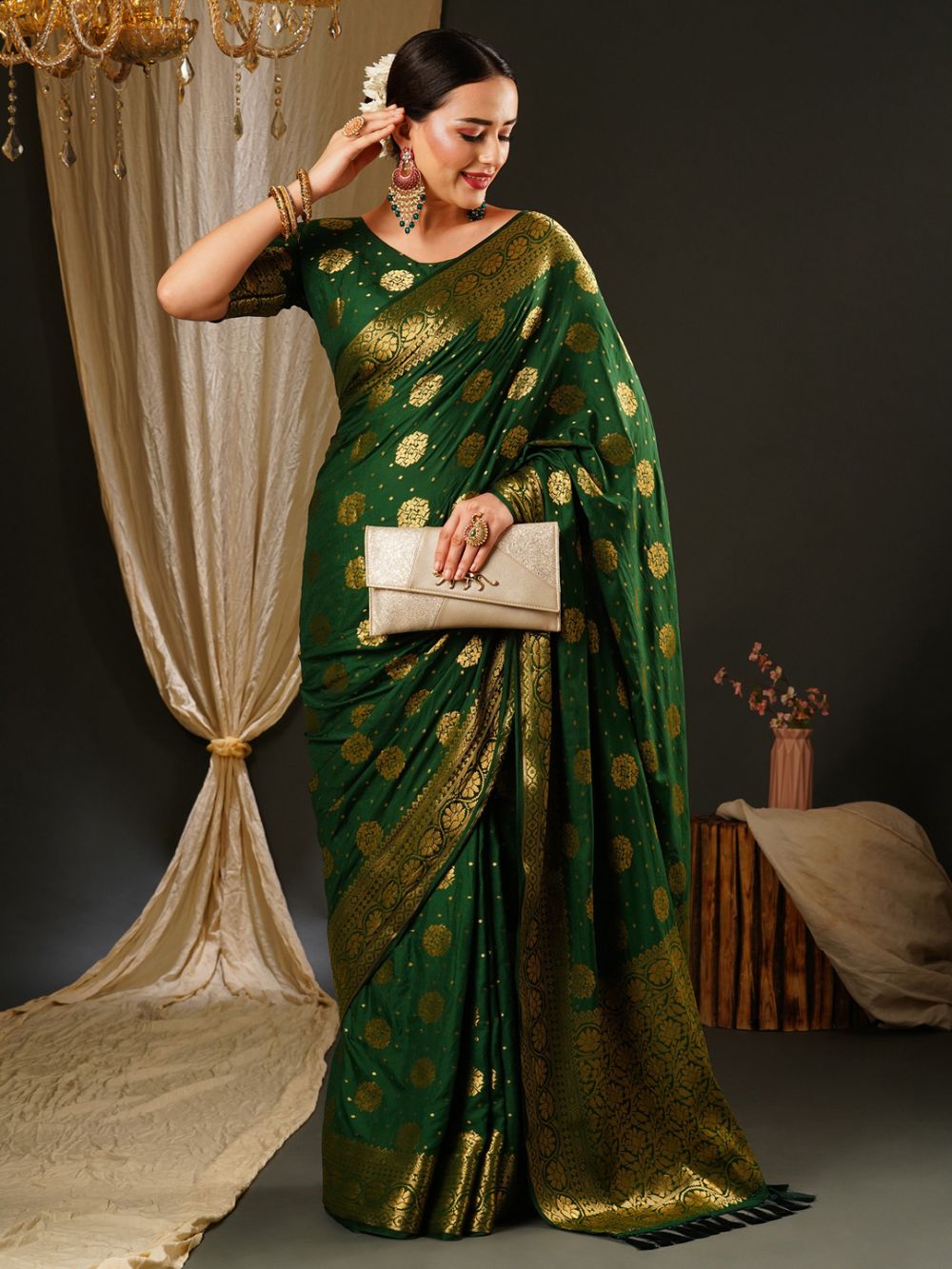 Alekha Green Satin Gold Printed One Minute Saree