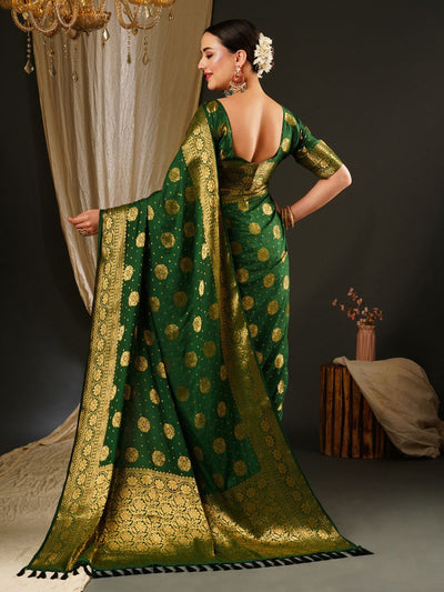 Alekha Green Satin Gold Printed One Minute Saree