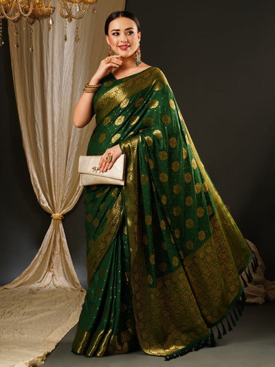 Alekha Green Satin Gold Printed One Minute Saree