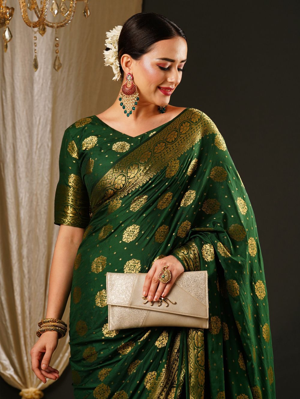 Alekha Green Satin Gold Printed One Minute Saree