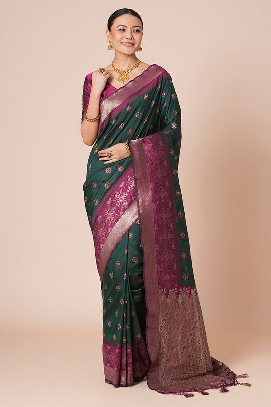 Padma Dark Green Silk Blend Woven Motif Work Ready To Wear One Minute Saree