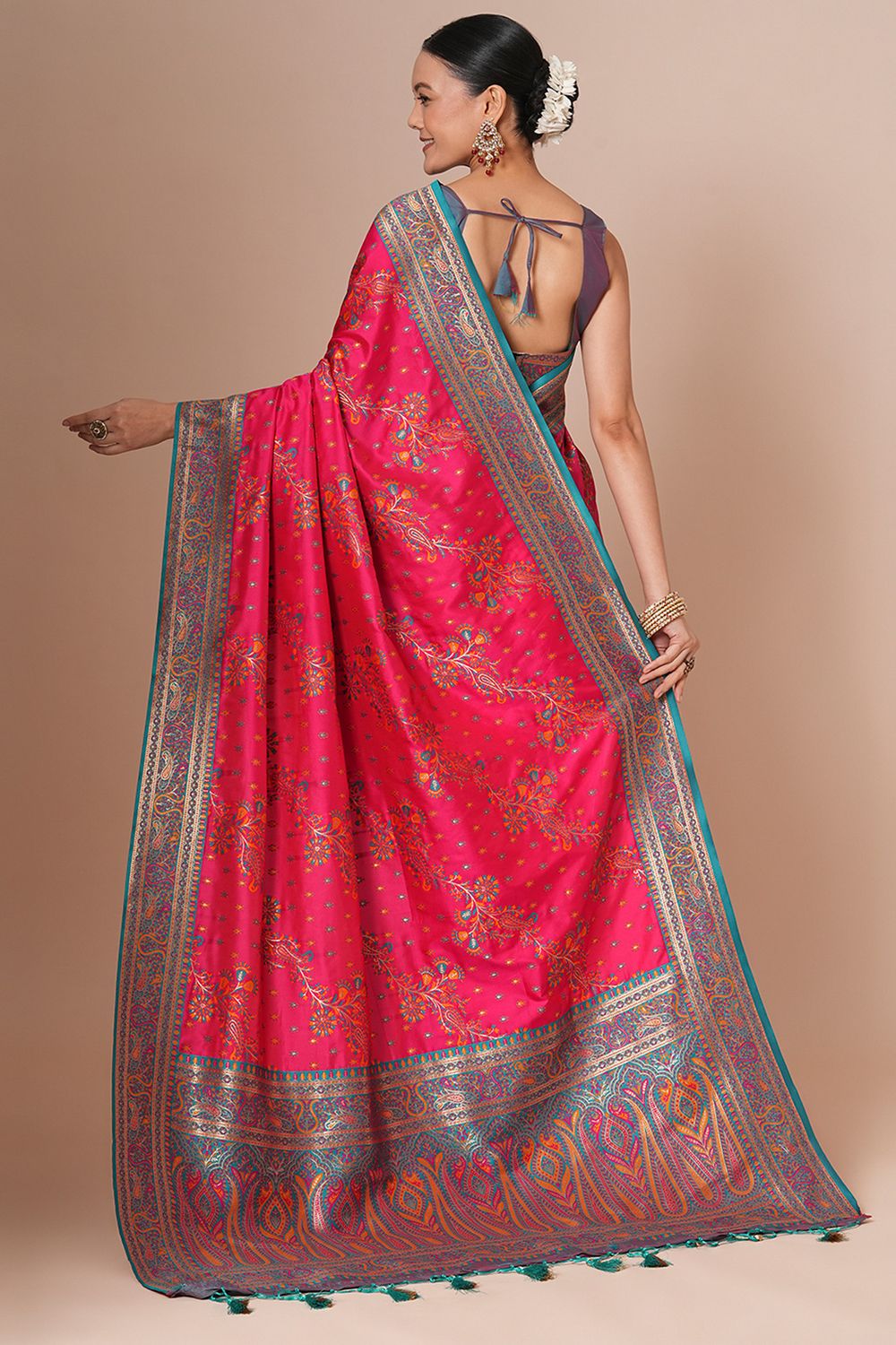 Padma Rani Pink Silk Blend Woven Motif Work Ready To Wear One Minute Saree