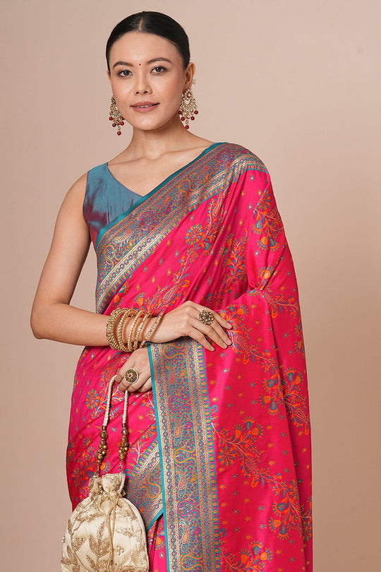 Padma Rani Pink Silk Blend Woven Motif Work Ready To Wear One Minute Saree