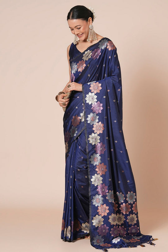 Padma Navy Blue Silk Blend Woven Motif Work Ready To Wear One Minute Saree