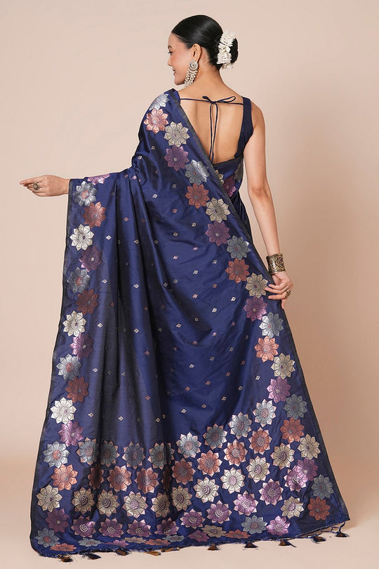 Padma Navy Blue Silk Blend Woven Motif Work Ready To Wear One Minute Saree