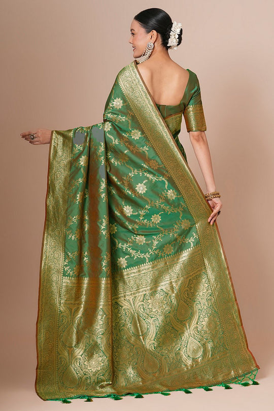Padma Light Green Silk Blend Woven Motif Work Ready To Wear One Minute Saree