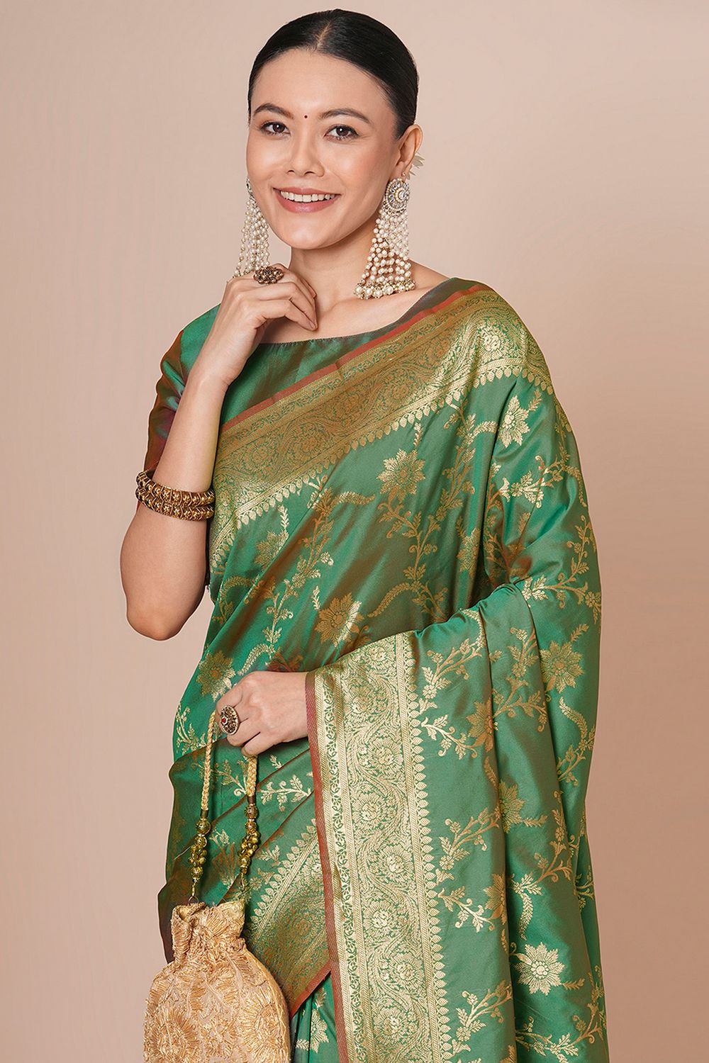 Padma Light Green Silk Blend Woven Motif Work Ready To Wear One Minute Saree