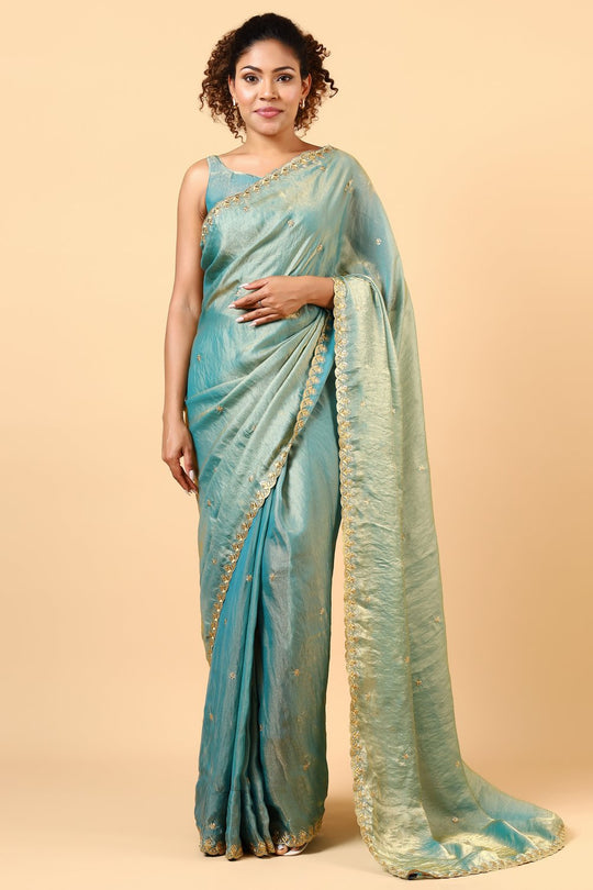 Mira Light Blue Paper Silk Embroidered Ready to Wear One Minute Saree