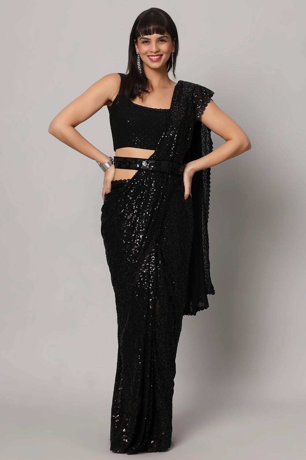 Buy Sejal Black Faux Georgette Sequins One Minute Saree Online - One Minute Saree