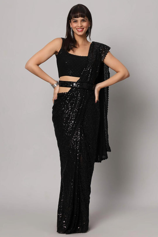 Buy Sejal Black Faux Georgette Sequins One Minute Saree Online - One Minute Saree