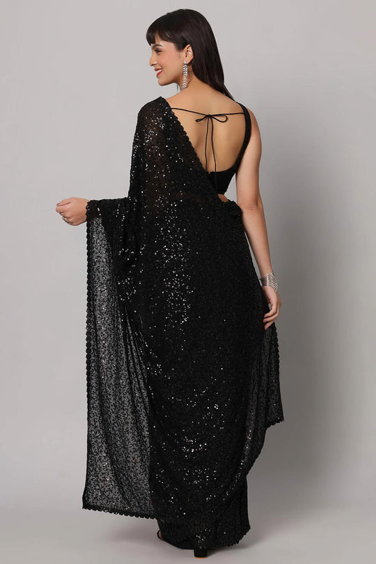 Buy Sejal Black Faux Georgette Sequins One Minute Saree Online - Back