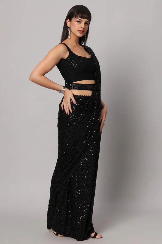 Buy Sejal Black Faux Georgette Sequins One Minute Saree Online - Front