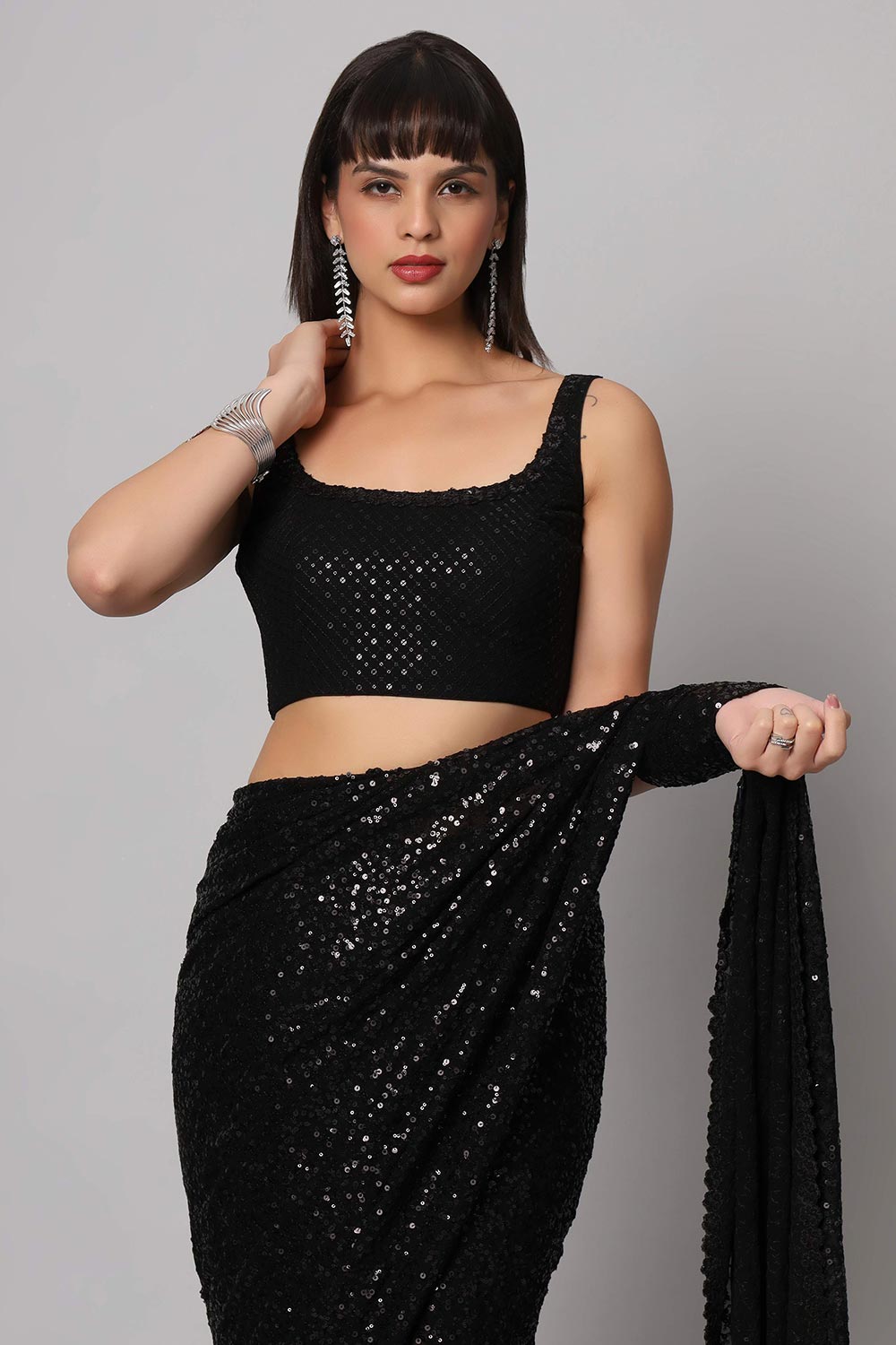 Buy Sejal Black Faux Georgette Sequins One Minute Saree Online