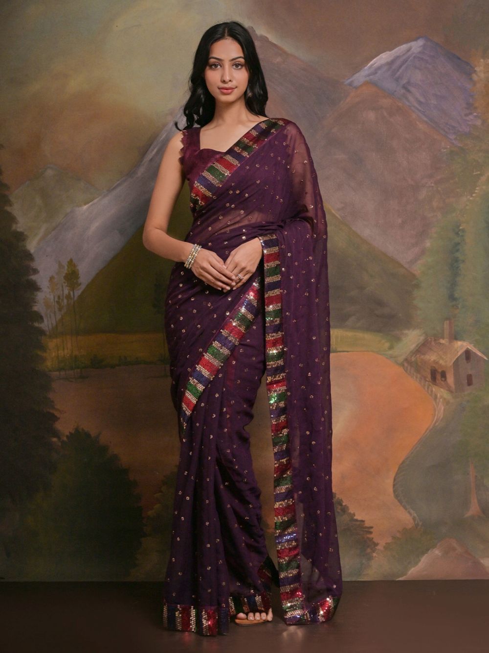 Kylie Violet Maroon Georgette Sequins One Minute Saree