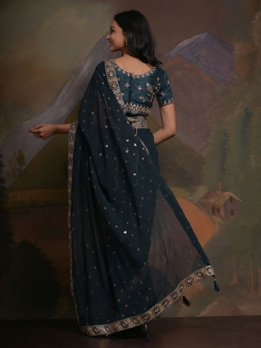 Riddhi Turquoise Georgette Sequins One Minute Saree