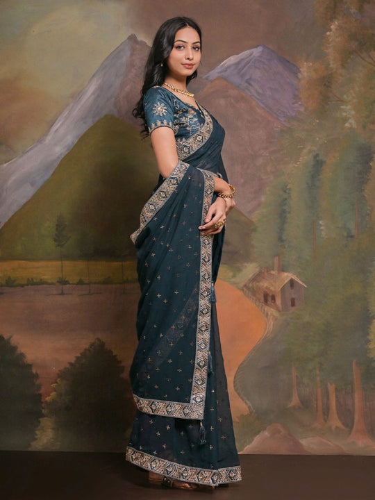 Riddhi Turquoise Georgette Sequins One Minute Saree