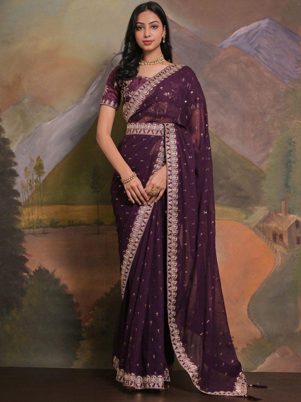 Riddhi Violet Georgette Sequins One Minute Saree