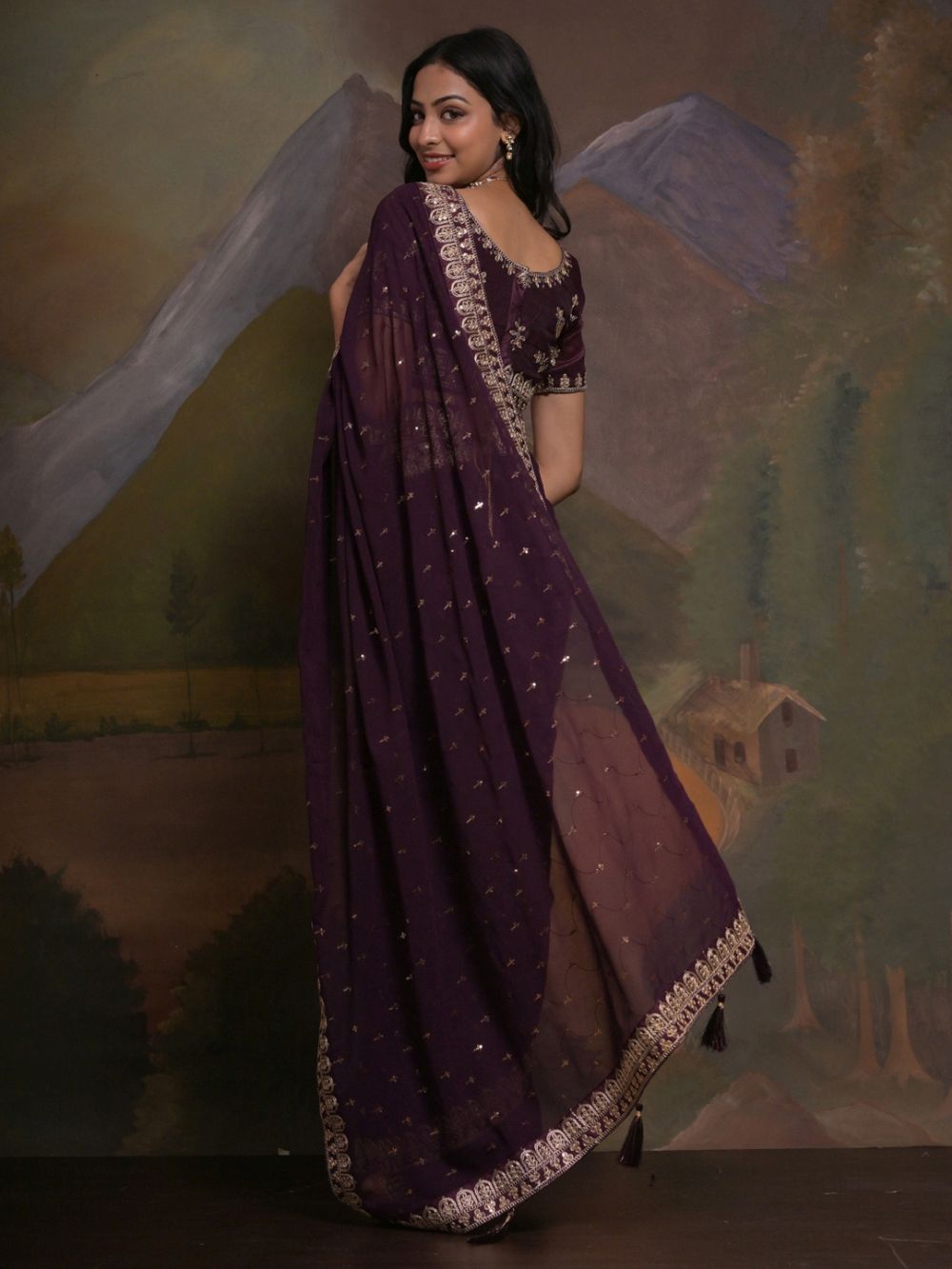 Riddhi Violet Georgette Sequins One Minute Saree