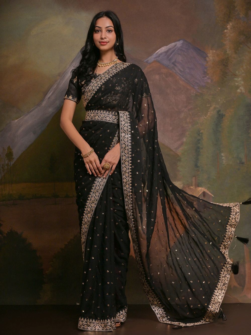 Riddhi Black Georgette Sequins One Minute Saree