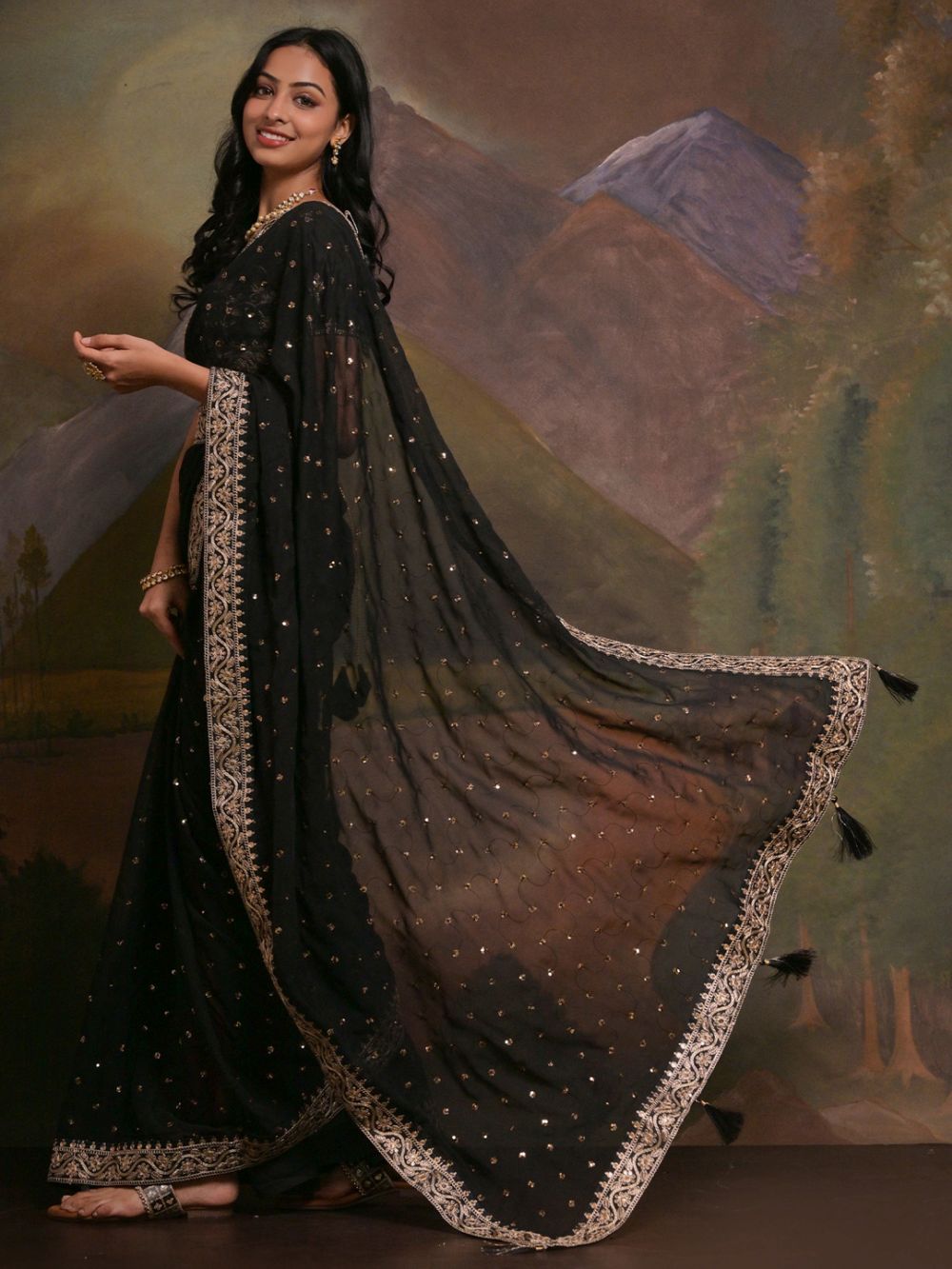 Riddhi Black Georgette Sequins One Minute Saree