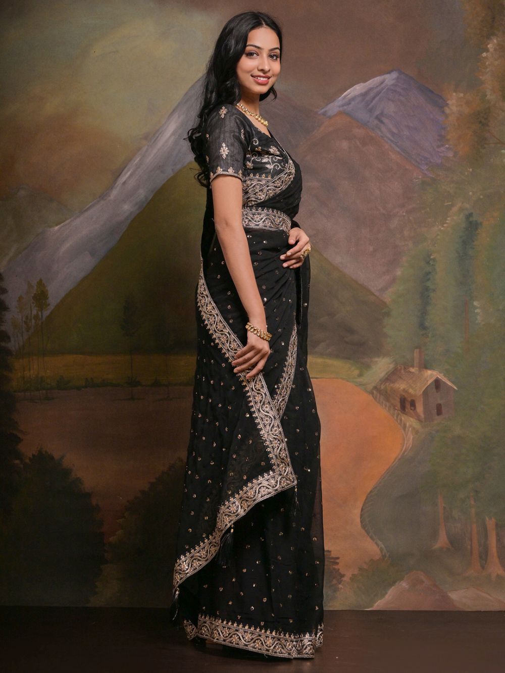 Riddhi Black Georgette Sequins One Minute Saree