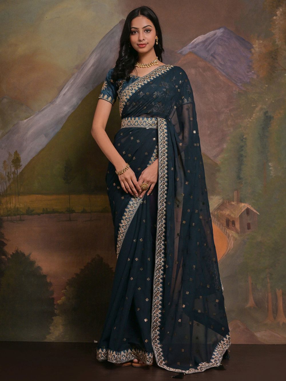 Riddhi Dark Turquoise Georgette Sequins One Minute Saree