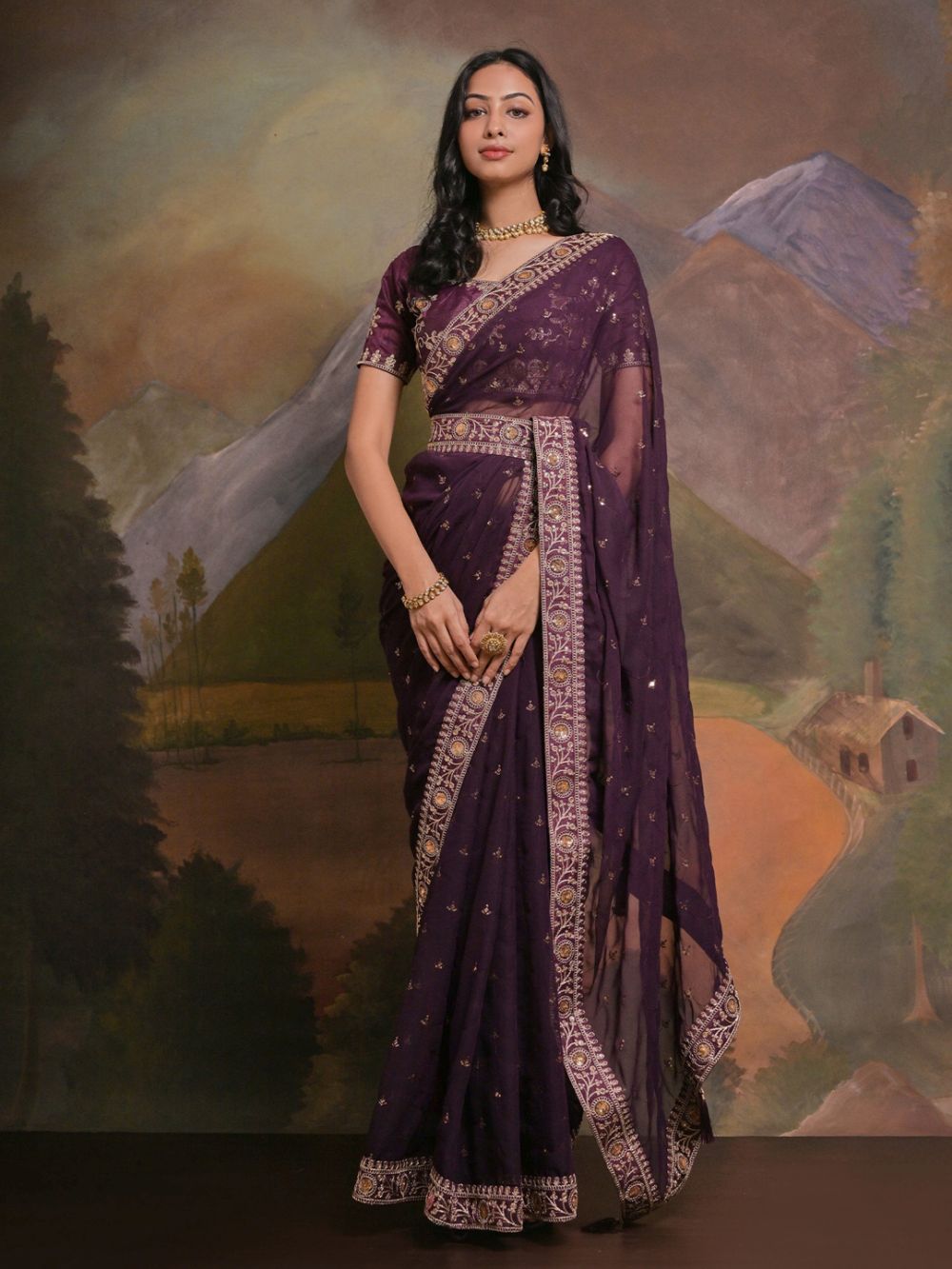 Riddhi Deep Purple Georgette Sequins One Minute Saree