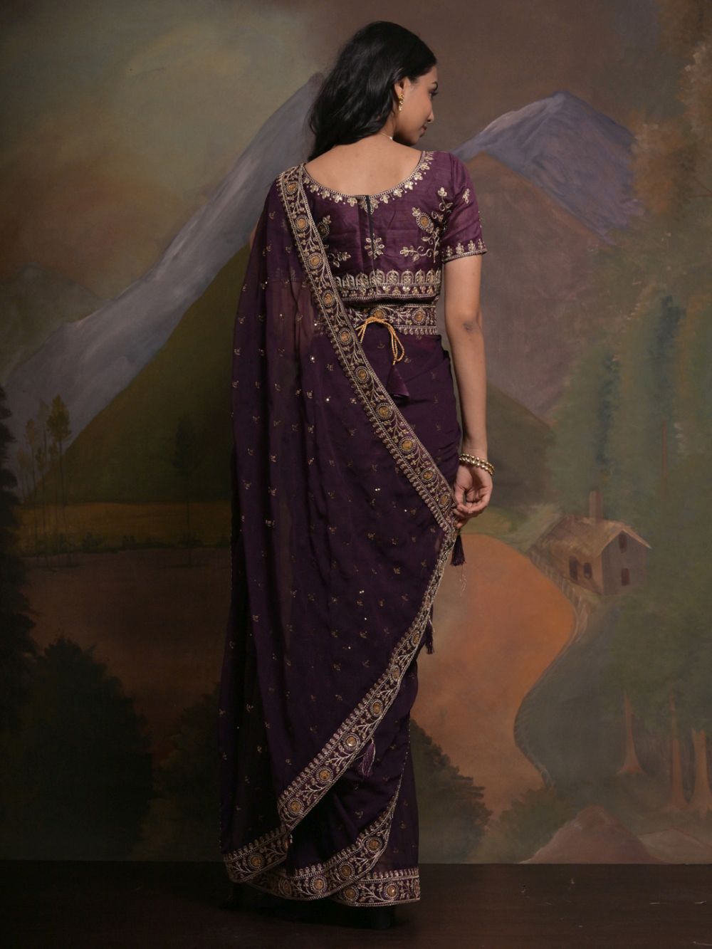 Riddhi Deep Purple Georgette Sequins One Minute Saree