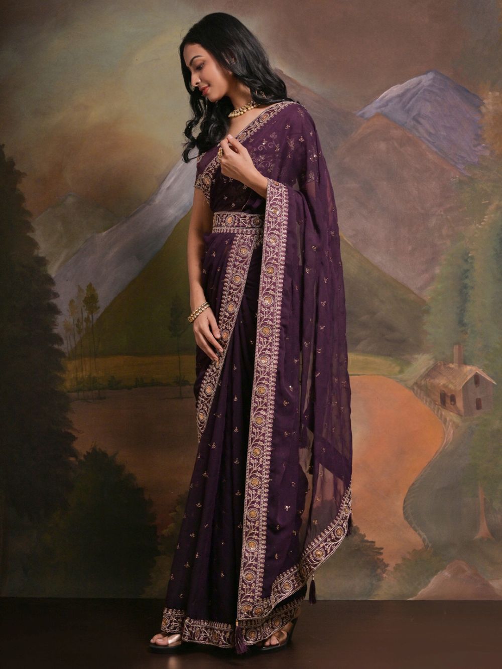 Riddhi Deep Purple Georgette Sequins One Minute Saree