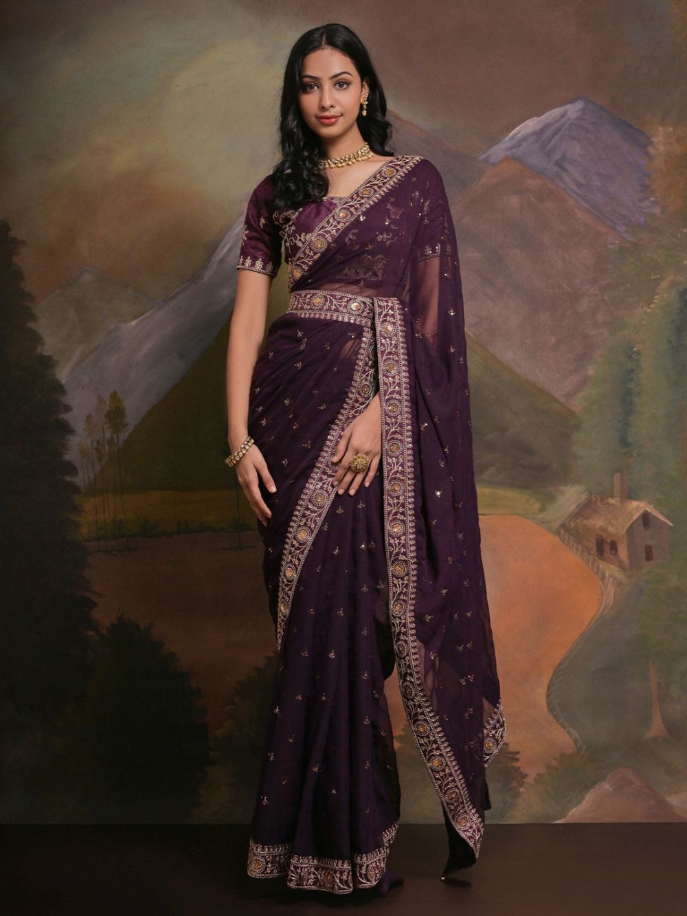 Riddhi Deep Purple Georgette Sequins One Minute Saree