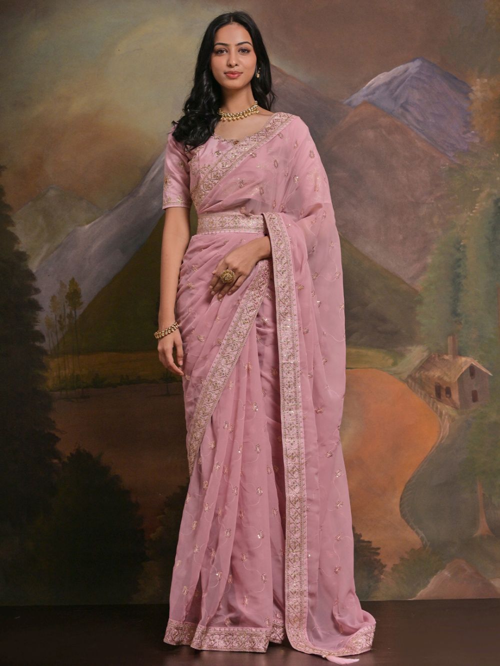 Riddhi Pink Georgette Sequins One Minute Saree