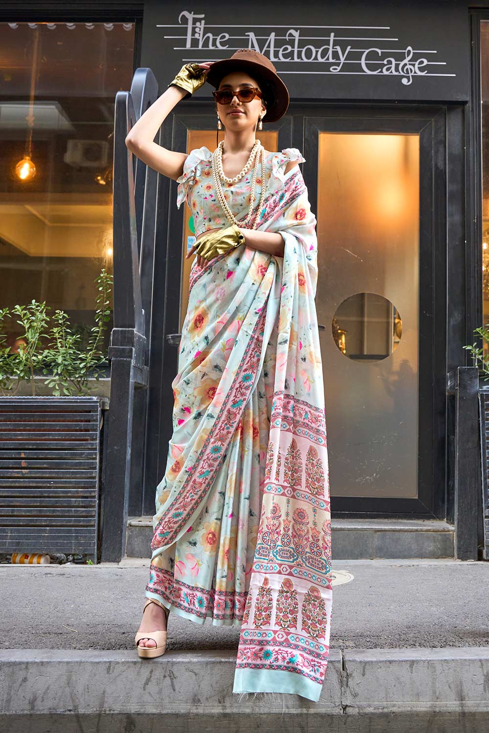 Mona White Printed Georgette Satin One Minute Saree