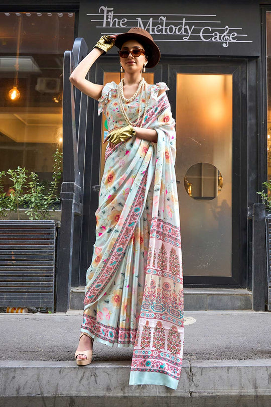 Mona White Printed Georgette Satin One Minute Saree