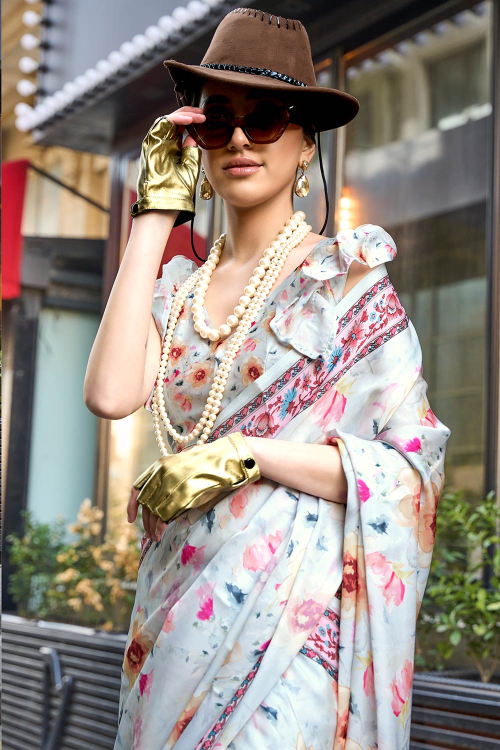 Mona White Printed Georgette Satin One Minute Saree