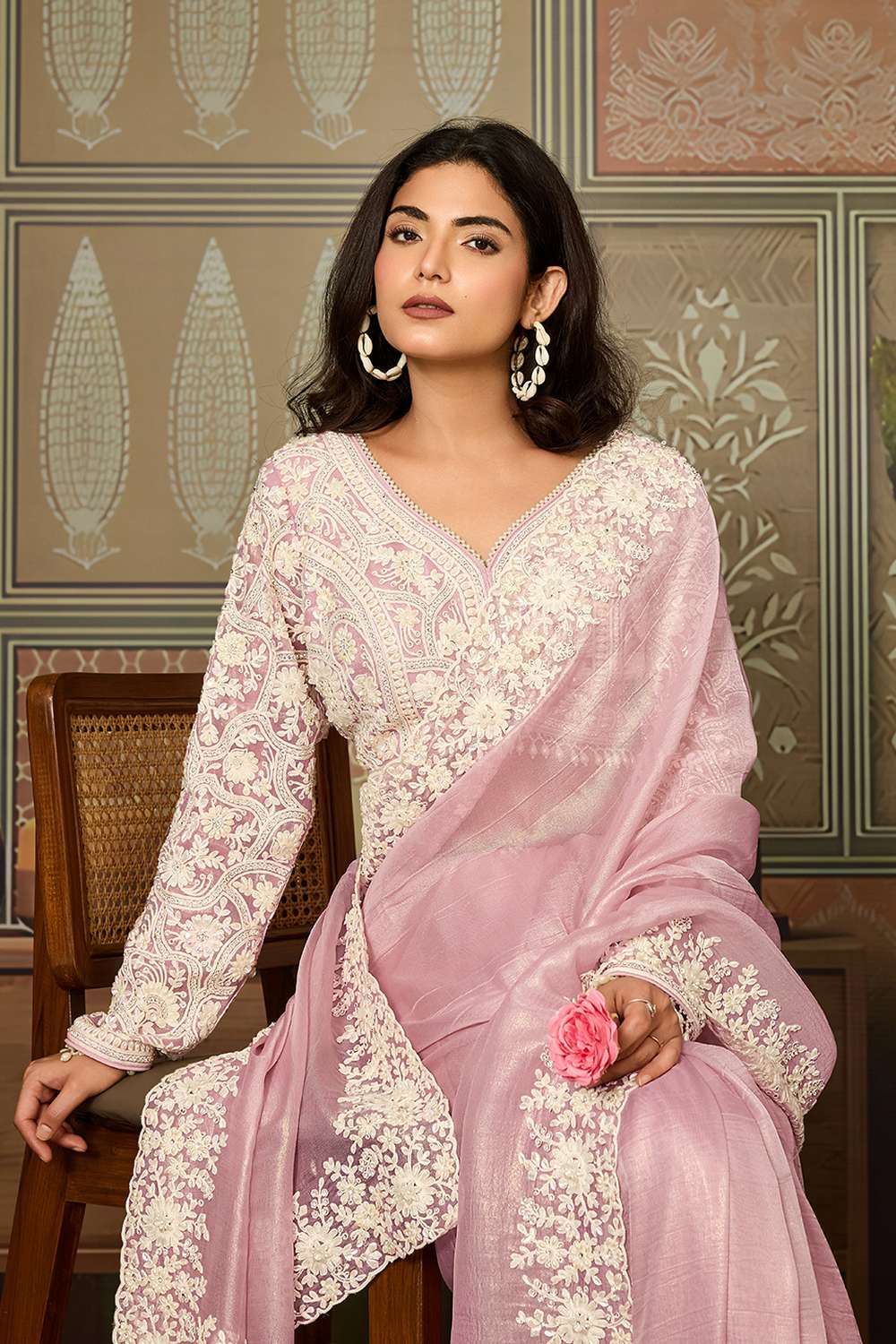 Prisha Light Pink Soft Organza White Embroidered Border Ready to Wear Saree