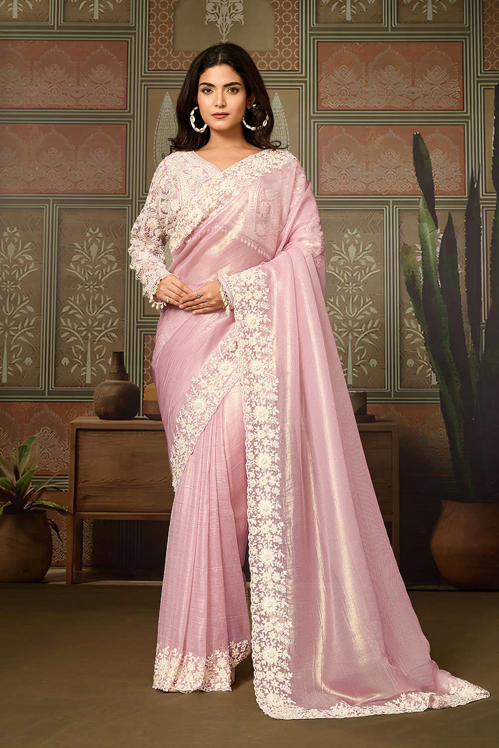 Prisha Light Pink Soft Organza White Embroidered Border Ready to Wear Saree