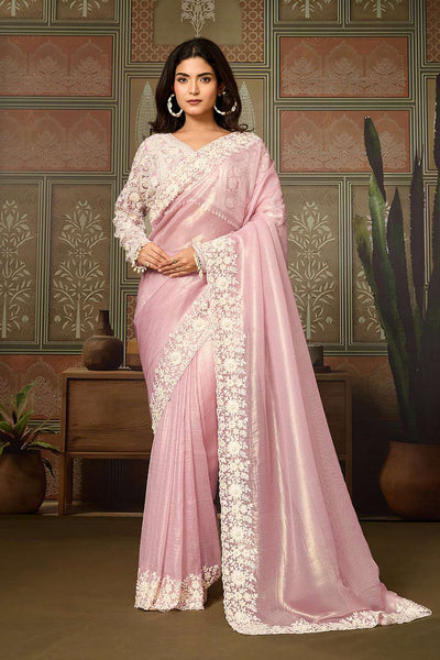 Prisha Light Pink Soft Organza White Embroidered Border Ready to Wear Saree