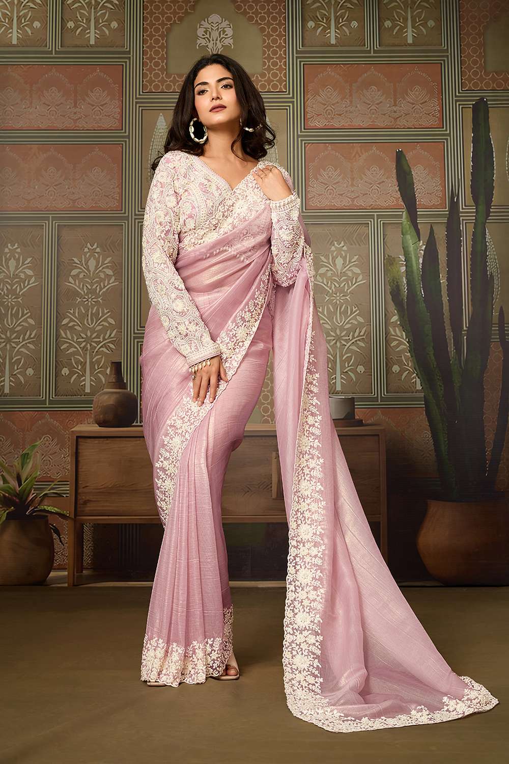 Prisha Light Pink Soft Organza White Embroidered Border Ready to Wear Saree